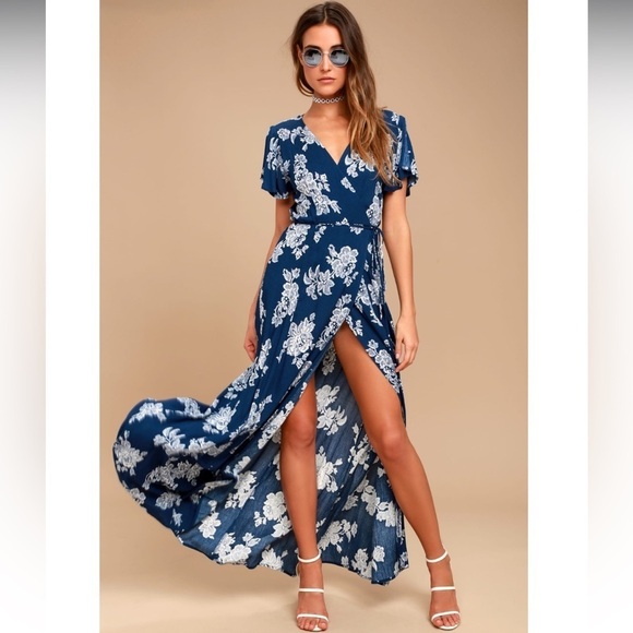 Lulus Heart of Marigold Navy Blue Floral Print Wrap Maxi Dress Small - Picture 1 of 9